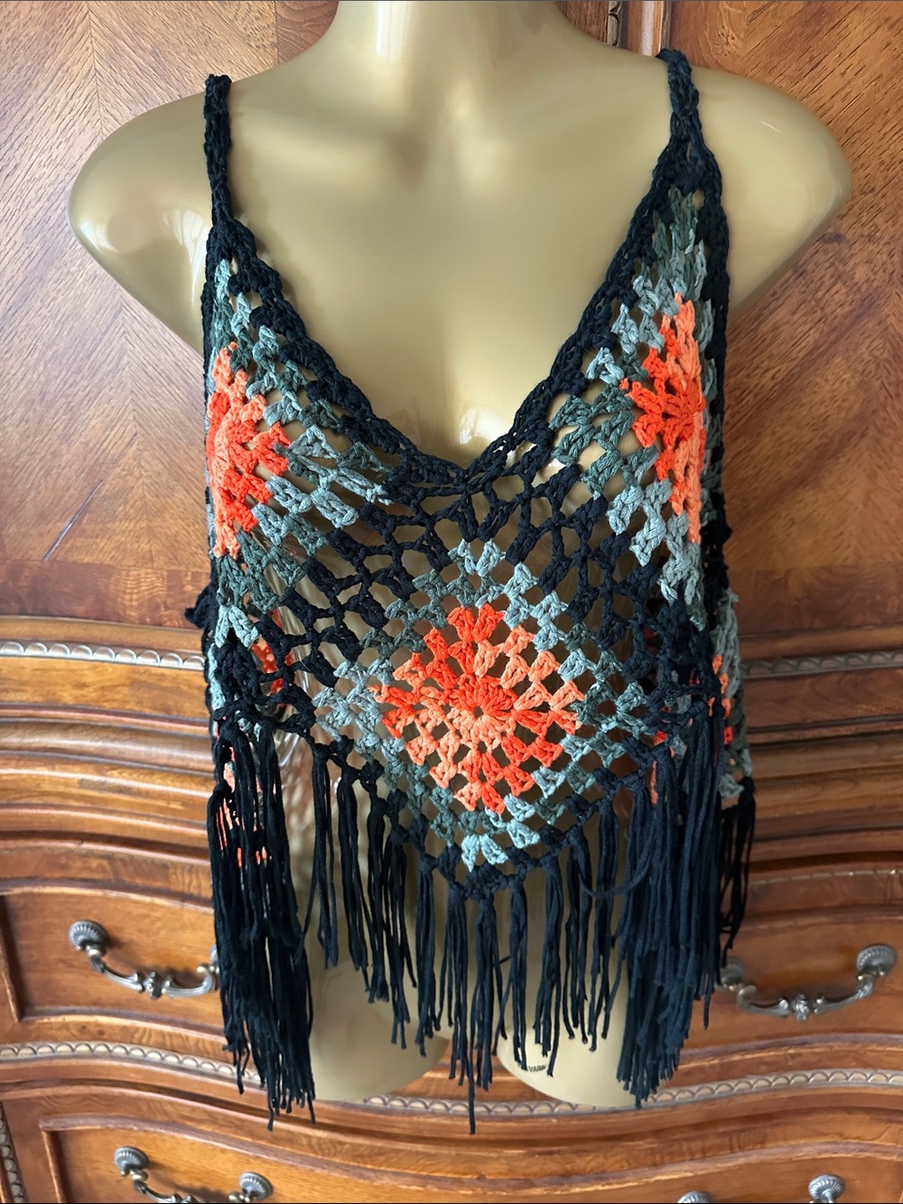 Boho Crochet Fringe Tank Top - Black with Orange & Green Accents